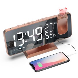 Mightree Reloj despertador de proyección para dormitorio, despertador digital con cargador USB, 7.4 pulgadas, gran pantalla LED espejo despertador, alarma inteligente dual con proyección en el techo, oro rosa