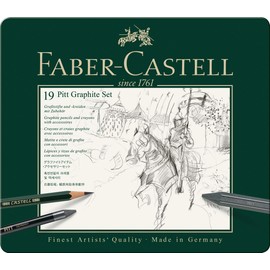 Faber-Castell - Pitt Graphite Set im Metalletui, medium, 19 + 3 -teilig (inklusive Radierstift mit Pinsel, Papierwischer und Minenschärfblock)