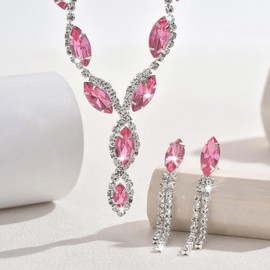 Gkaopi Women's Jewellery Sets Rhinestone Teardrop Necklace Dangle Long Tassel Earrings Brides Bridemaid Jewelry Sets Prom Costume Accessories for Women Birthday Gifts (Pink)