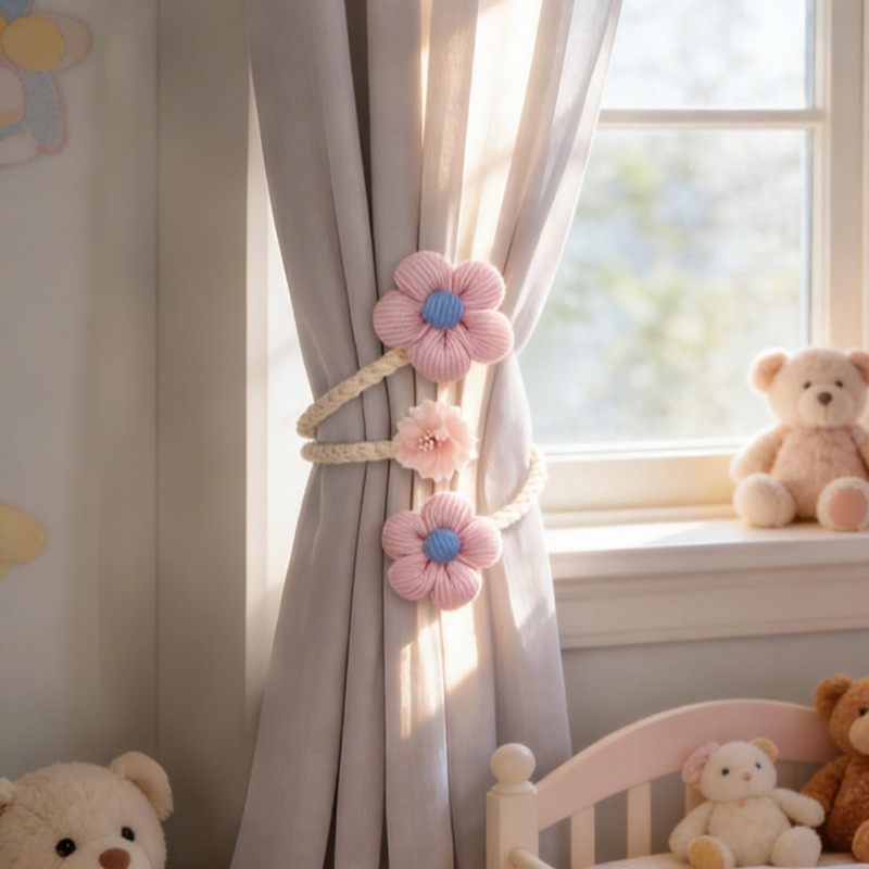 Flower Curtain Tiebacks 2 Pack, Boho Curtain Holdbacks with Adjustable