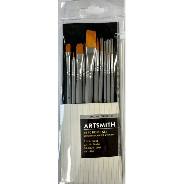 Artsmith 10pc Gold Taklon Brush Set for Acrylics, Watercolor and