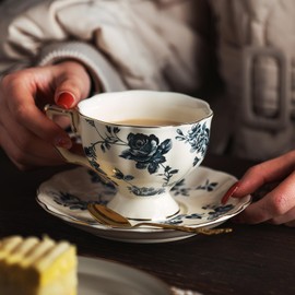 KAMMAK Tea Cups and Saucers Set of 2, 6.8 oz Floral Porcelain Tea Set, Latte Cups for Tea Party, Holiday Gifting, Home, Office, Gifts (Blue Orchid, 200ml)