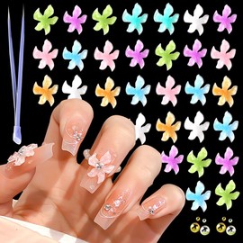SUTOZMIWE 50PCS 3D Resin Flower Nail Art Charms, Ice Translucent Lily Floral Mixed Caviar Beads Nail Decorations,Cute Flower Nail Rhinestones with Tweezers Kit for Nail Design Acrylic Nail Supplies
