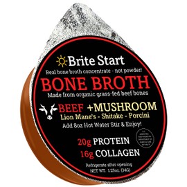Brite Start Bone Broth - Beef + Mushrooms - Porcini, Shitake, Lion’s Mane - 4 Count - Keto Friendly Concentrate - 16g Collagen 20g Protein -Made from Grass Fed Beef Bones- Single Serve Packets