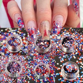 6 Boxes 4th of July Star Glitter Independence Day Nail Sequins Red Blue White Nail Decals Mixed Star Hollow Hexagon Circles Confetti Shaped for Independence Day DIY Craft Nail Art Party Decoration