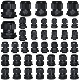Wocloer 40 Pcs Cable Glands Kit, PG7 1/4" 1/2" 3/4" 1" NPT Black IP68 Waterproof Strain Relief Cord Connector Grip Adjustable Nylon Wire Grommet for Electrical Box