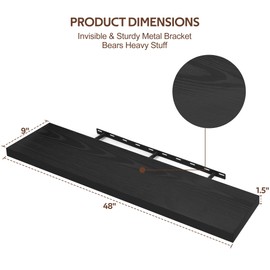 Woiusfor Floating Shelves 48 Inch Long, 9.3 Inch Deep Wall Shelf Fireplace Mantel, Rustic Farmhouse Wooden Shelves for Wall Decor Bathroom, Kitchen, Office (Black, Set of 1)