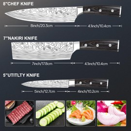 Meleho Professional Chef Knife Set,3pcs Kitchen Knife Set, High Carbon Stainless Steel Kitchen Knives Set with Finger Protection, Knife Sharpener,Meat Cleaver and Vegetable Kitchen Knife