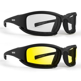 Epoch Eyewear Hybrid Motorcycle Sunglasses Convertible to Goggles 2 Pair Black Frame w/Clear & Yellow Lens