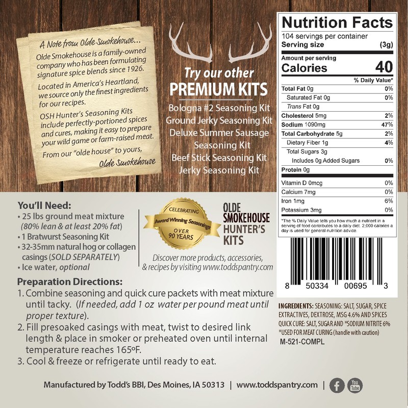 Hunter's Kit (Bratwurst, 11). Kit includes 10 oz. Seasoning, 1