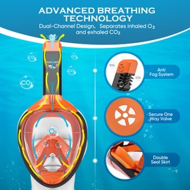 KUNQUEST HD Full Face Snorkel Mask, 180° Anti-Fog View, Leak-Proof Snorkeling Gear with Camera Mount for Adults Youth (Orange, S/M)