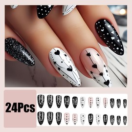 24Pcs Valentines Day Press on Nails Medium Almond Fake Nails Black White Heart Press ons with Starry Sky Design French Tip False Nails Stiletto Glue on Nails Valentines Artificial Nails for Women