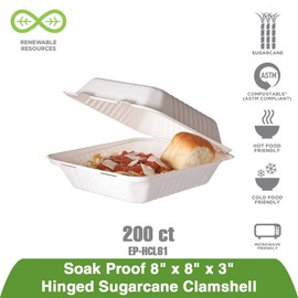 ECO PRODUCTS Compostable 8" Soak Proof Clamshell To Go Containers, Case of 200, Square Takeout Food Box, White Renewable Lined Molded Fiber, Microwaveable, Grease & Cut Resistant, ASTM Compliant