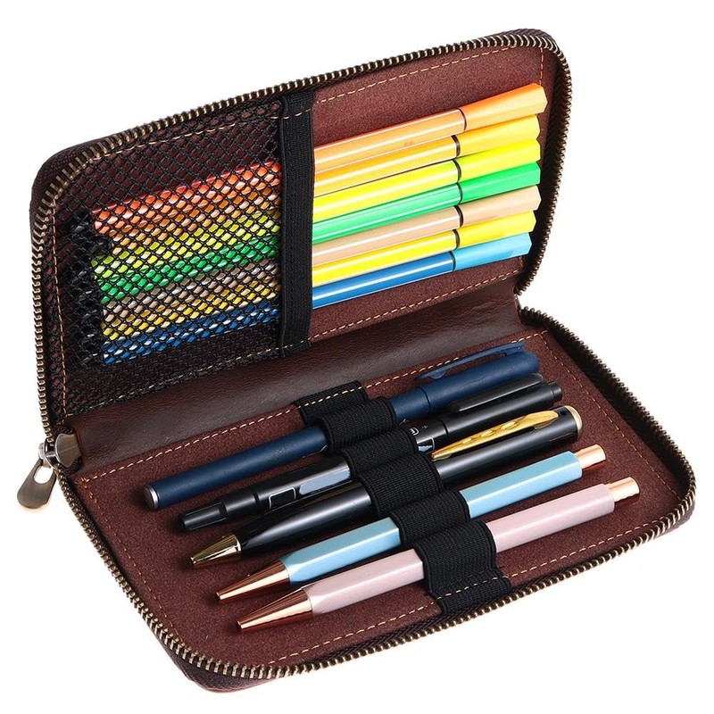 Risedot Zippered Pen Organizer, Leather Zippered Pen Pouch, Fountain Roller