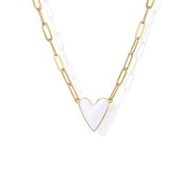 PAVOI 14K Yellow Gold Plated White Blue Enamel Pendant Necklace for Women | Love Paperclip Chain Necklaces | White Enamel Heart Pendants