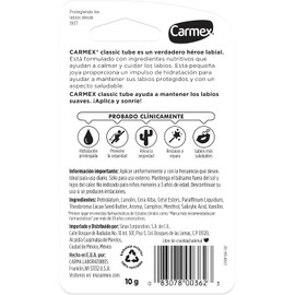 Carmex, Bálsamo Labial Hidratante Classic en Tubo, para Labios Secos y Agrietados, Protege y Suaviza, 10 gr