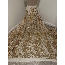wowfabric4less123 Gold 4way stretch sequins Embroidery Mesh Lace fabric 50” Width 1  Yard