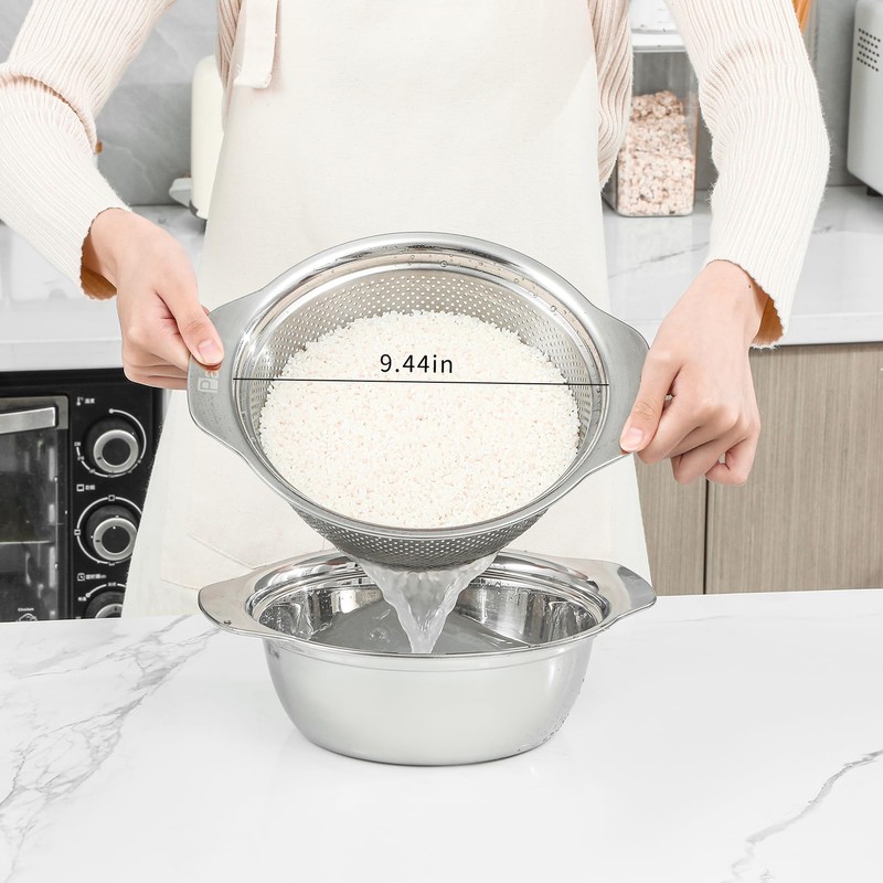 304 Stainless Steel Microporous Colander with Handle, Rice Washers Microporous