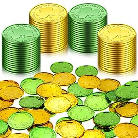 50 Pieces St. Patrick's Day Shamrock Coins Decorative Plastic Coin Green and Gold Fake Coins Small Lucky Coin Clover Coin for St. Patrick's Day Party Supplies, 1.38 Inches