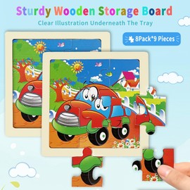 8Pack Wooden Puzzles for Toddlers 2-4,9 Pieces Toddler Puzzles Ages 3-5,Construction Vehicle Jigsaw Puzzle Preschool Learning Toy Gift Set for Boys and Girls