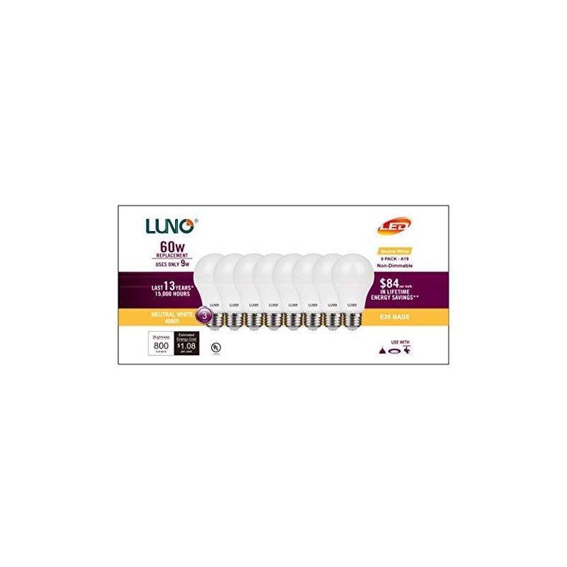 LUNO A19 Non-Dimmable LED Bulb, 9.0W (60W Equivalent), 800 Lumens,