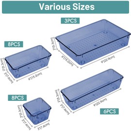 WOWBOX 25 PCS Plastic Drawer Organizer Set, 4 Sizes Desk Drawer Divider Organizers and Storage Bins for Makeup, Jewelry, Gadgets for Kitchen, Bedroom, Bathroom, Office, Clear Dark Blue