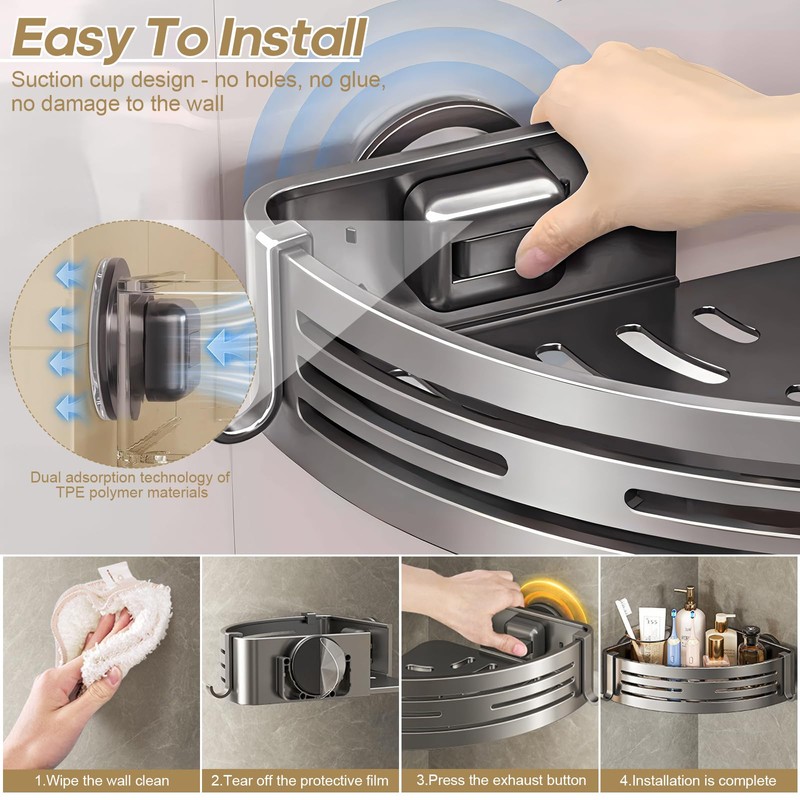 Corner Shower Caddy Suction Cup,Shower Shelves with Hooks,No Drilling Powerful