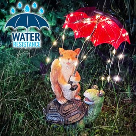 lifemet Garden Ornaments Outdoor, Solar Statue | Squirrel Siting on Turtle Holding an Umbrella with String Lights - IP65 Waterproof Garden Gifts for Lawn Yard Flowerbed Art Decoration