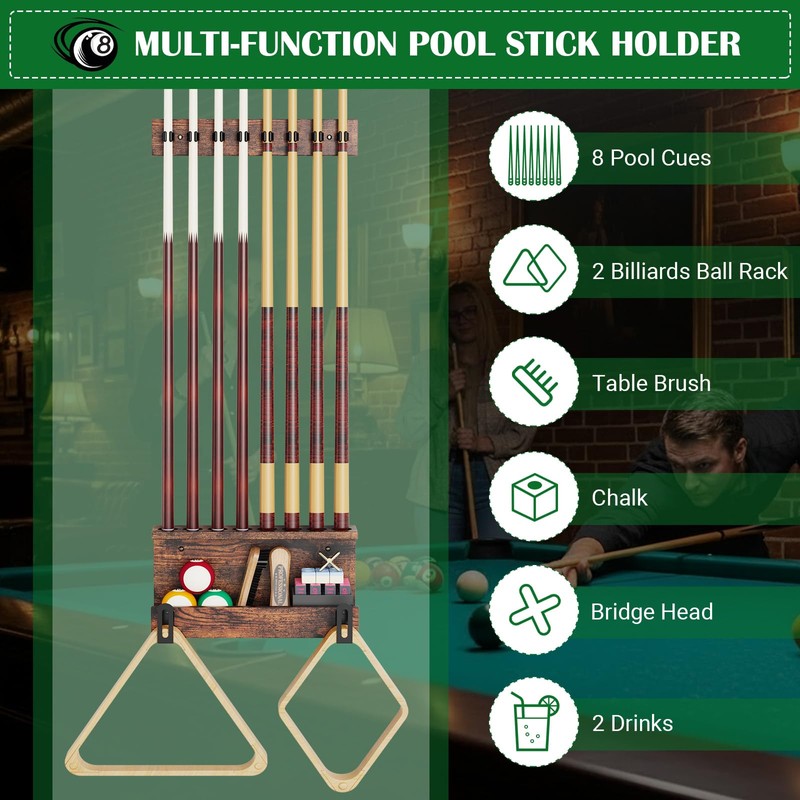 WHEARTED Wall Mount Pool Stick Holder, Billiards Pool Cue Rack
