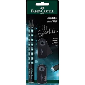 FABER-CASTELL Sparkle Midnight Ocean 118295 Writing Set with 2 Pencils, 1 Eraser and 1 Sharpener