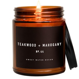 Sweet Water Decor Teakwood + Mahogany Candle | Lavender Geranium Wood Scented Soy Candles for Home | Gifts for Women, Men, Housewarming | 9oz Amber Jar, 40 Hour Burn Time