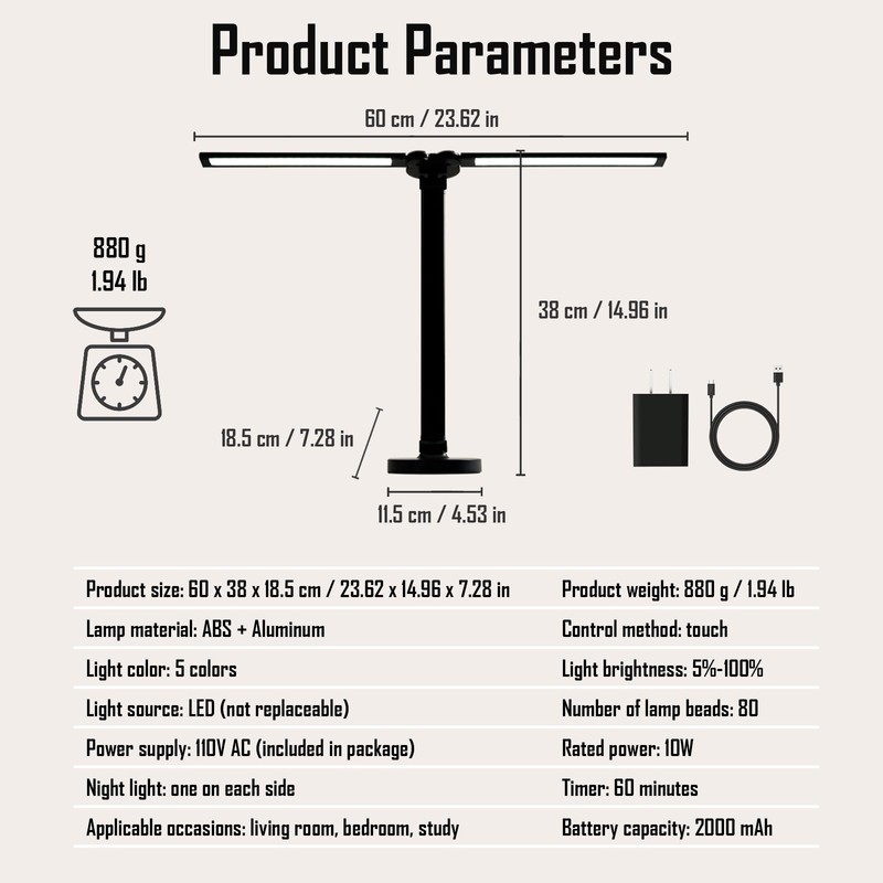 kvppvt LED Double Head Desk Lamp with Night Light, 5