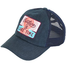 C.C Ponycap Messy High Bun Ponytail Ajustable Glitter Mesh Trucker Gorra de béisbol, Parche Sunshine and Lake Time Navy, One Size