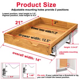 DINDON 1 Tier Pull Out Cabinet Organizer (14" W x 21" D) Single Tier Heavy Duty Sliding Wood Drawer Under Cabinet Shelf Organization Storage