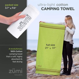 Zumi 100% Cotton Camping Travel Towel -- Ultralight, Fast Drying, Highly Absorbent, Soft Eco Safe, Compact, Lightweight, Quick Dry, RV Motorhome Camper Boat Beach Backpack Turkish no Microfiber Green