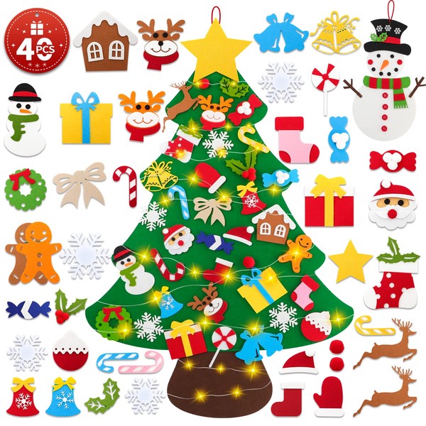 Ywlake 3.3ft DIY Felt Christmas Tree Set with Light Plus Christmas Snowman, 40pcs Detachable Ornaments, Party Supplies Indoor Wall Hanging Decorations Xmas Gift Childrens Todder Kids Christmas Tree