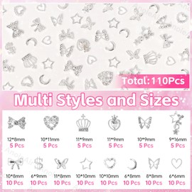 110 Pcs Dangle Star Silver Nail Charms Gems, 3D Crown Bows Nail Art Charms, Alloy Heart Butterfly Nail Charms for Acrylic Nails, Silver Nail Art Jewelry for Nails DIY Y2K Accessories