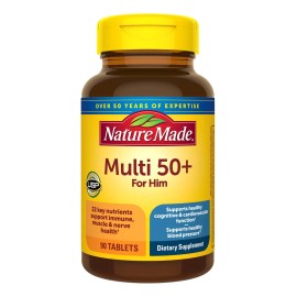 Multivitamínico 50+ Nature Made Con Vitamina D Para Hombre Sabor Sin Sabor que Proporcionan 22 nutrientes clave para el apoyo nutricional diario. Formulado para hombres con vitamina D3 y sin hierro.