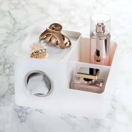 iDesign Facial Tissue Box Cover and Storage Caddy for Bathroom Vanity Countertops - White/Matte Satin