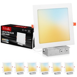 Vtuik 8 Inch Square LED Recessed Ceiling Light, 18W Dimmable Canless Wafer Downlight, Damp-Rated for Bathroom Basement Kitchen, Ultra Thin with Junction Box, 1440LM 5CCT 2700K-5000K, 6 Pack