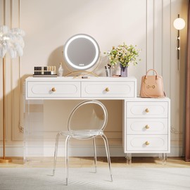 Tribesigns White Vanity Desk with 5 Drawers, Extendable White Makeup Vanity with Acrylic Base and Gold Handles, Small Modern Dressing Table for Women Girls (Only Table)