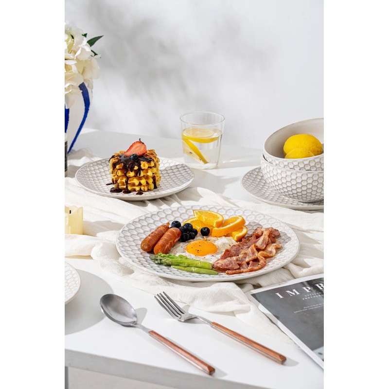 FOBENTA Ceramic Dinner Plates Set of 4,Lena Porcelain Dinner Plates,Embossment