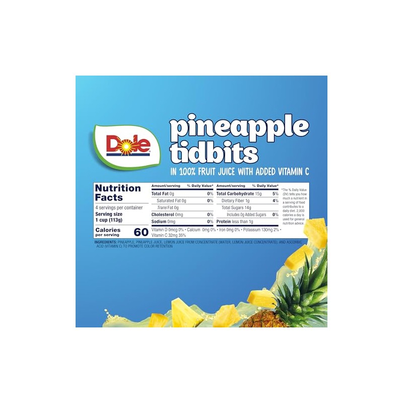 Dole Fruit Bowls Pineapple Tidbits in 100% Juice Snacks, 4oz