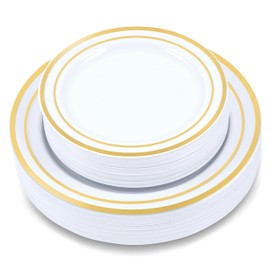 Crystal Ridge Tableware 120-Piece Plastic Plates Set Premium 60 Dinner Plates & 60 Salad Plates Pack, Disposable Plates for Party - White Plastic Wedding Plates with Gold Rim