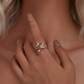 Couple Butterfly Adjustable Open Wrap Ring 925 Sterling Silver White Gold Plated Stacking Statement Wedding Finger Rings for Women Fashion Layered Comfort Fit Christmas Valentine Jewelry forlfriend Wife