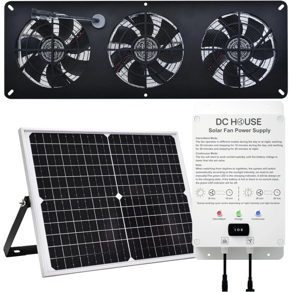 DC HOUSE 25W Solar Powered Exhaust Fan Kit with 12000mAh