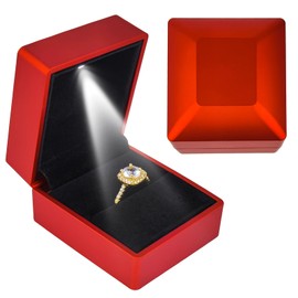 KEISIMI Luxury Ring Box with LED Light, Ring Box for Proposal,Engagement,Wedding,Square Shaped Luxury Jewelry Box with LED Light for Jewelry-Red