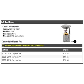 Left Driver Side Fuel Pump - Compatible with 2005-2010 Chrysler 300 2.7L 3.5L 5.7L with 18 Gallon Tank