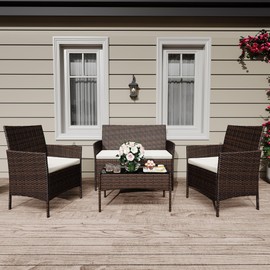 4 Pieces Patio Furniture Sets, All Weather Manual Rattan Chairs with Soft Cushion and Glass Table, Outdoor Wicker Conversation Sets for Garden, Terrace, Porch, Lawn, Poolside, Brown and Beige