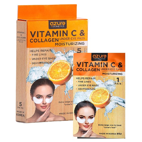 AZURE Collagen & Vitamin C Hydrating Under Eye Pads - Toning, Moisturizing & Rejuvenating Eye Mask Patches - Reduces Fine Lines, Wrinkles, Dark Circles & Puffiness - Skin Care Made in Korea - 5 Pairs